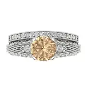 2.1 Round Cut Pave Yellow Moissanite Promise Bridal Ring Band set 14k White Gold