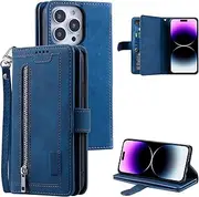 UEEBAI Wallet Case for iPhone 16 Pro Max, 9 Card Holder Slots Zipper Pocket Handbag Case Magnetic Closure Kickstand with Wrist Strap TPU Shockproof Flip Case for Women - Blue