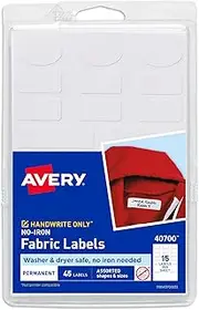 Avery No-Iron Fabric Labels, White, Assorted Sizes, Blank, Washable, Handwritable Stickers for School, Nursing Home, Aged Care Labels, Kids Name Tag Labels, 45 Clothing Label Stickers (40700)