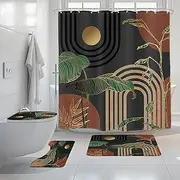 Glawry 4 PCS Dark Gold Abstract Mid Century Shower Curtain Tropical Palm Tree Leaves Boho Retro Sun Arch 72Wx72H Inch Modern Fabric Bathroom Decor Bathroom Rug Set Bath Mats Nonslip Shower Accessories