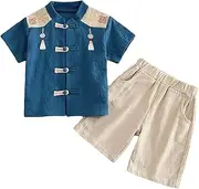 [MEIOOFIC] Hanfu Boys' Tang Suit Summer Short-Sleeved Cotton Linen Two-Piece Set - Chinese Style Children's Clothing, Sizes 39-55 inches
