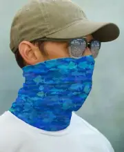 SUN GAITER Mask UPF 50+ UV Protecter Fish Pattern Boat Fishing Face Neck Blue