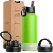 koodee 950ml Water Bottle with Straw-Double Wall Vacuum Insulated Stainless Steel Sports Water Bottle with 3 Lids-BPA Free(32oz Apple Green)