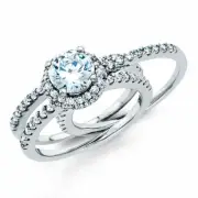 Split Shank Halo Round-Cut CZ Engagement Ring Set in 14K White Gold For Women