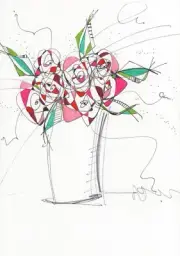 Original pen and ink modern whimsy pink red roses flowerpot StudioB3Arts