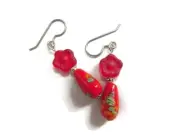 Red Flower Millefiori Bead Teardrop Earrings, Handmade with Vintage Beads