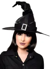Crooked Black Satin Witch Hat with Buckle