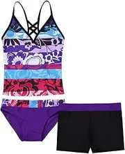 [Lejafay] Girls 3PCS Swimwear Sleeveless Floral Printed Tops with Bottoms Shorts Set Bathing Suit Beachwear