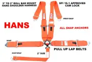 SNAP IN HANS HARNESS CAM LOCK RACING BELT SFI 16.1 5 POINT ROLL BAR MOUNT ORANGE