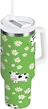 RPLIFE Cute Cartoon Cows Green 40 Oz Tumbler with Handle, Stainless Steel Tumbler with Straw, Tea Tumbler