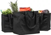 VeraMia Canvas Grocery Bag 3pc XL Set with Real Pockets, Long Shoulder Strap and Short Handle. Heavy Duty, Foldable, Washable