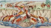 ILA MAE MCAFEE : Long Horns Watering on Cattle Drive : 24x16 Archival Art Print