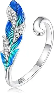 [DOYIS] 925 Sterling Silver Ring for Women,Blue Feather Adjustable Rings,Christmas Jewelry Gifts for Women Girls