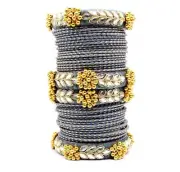 Indian Bangles, Velvet Flower Metal Plain Size (2x8) GREY- 2 Hand Bangle Set