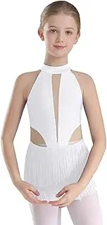 [Oyolan] Girls Backless Tassel Fringed Gymnastics Leotards For Kids Sleeveless Mesh Patchwork Dance Dress Bodysuit