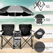 Portable Outdoor 2-Seat Folding Double Chair with Removable Sun Umbrella Black