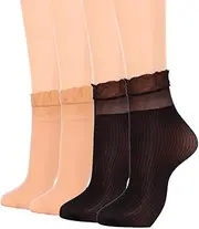 [Campsis] Women Sheer Socks Ruffle Ankle Stocking Stripes Ultra Thin Frilly Nylon Sock for Women(4 Pairs)