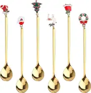 Sztxj 6 Christmas Spoons Silver Christmas Steel Dessert Tea Spoons with Christmas Pendants Christmas Tree Elk Hat Bells,Gift Box Packaging(Gold)