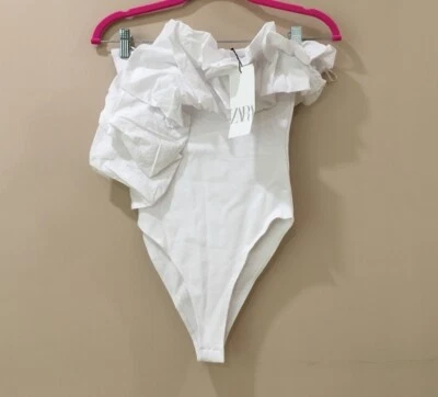 Zara Women’s M Combination Ruffled Bodysuit White Strapless New 4174/355