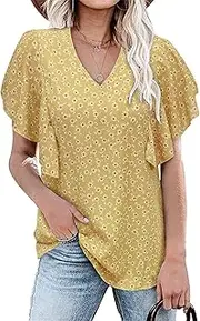 [Zylphorix] Women Floral Pleated Short Sleeved T-Shirt Casual V-Neck Flutter Sleeve Tunic Tops Summer Loose Ruffle Sleeve Blouses