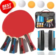 Ping Pong Paddle Set, 4 Rackets, 6 Balls, Retractable Net, Indoor/Outdoor