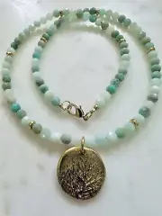 Amazonite Beaded Necklace Gold Round Nature Pendant, 18.5in, Gold Filled Clasp,