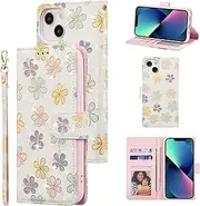 UEEBAI Wallet Case for iPhone 13 6.1 inch, PU Leather Phone Case Kickstand RFID Blocking Flip Case with Card Slots Wrist Strap Relief Engraved Pattern Magnetic Closure Folio Case, White Daisy