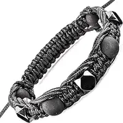 [Wallystone Gems] Shungite Bracelet with Hematite Faceted Beads - Jewelry for Men Women - Natural Black Stone - Brided Dense Beaded - Adjust Wirst Size - Each one has a Certificate of Authenticity, 7-8