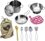 12Pcs Kids Pots and Pans Playset, Stainless Steel Play Kitchen Accessories with Soup Pot Pan Shovel Spoon Bag Children Chef Role Play Cooking Toys for Children Pots and Pans Kids Playset Cooking Toys