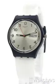New Swiss Swatch White Delight Day Date White Silicone Band Watch 35mm GN720