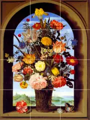Mural Tumbled Marble Arch Flowers Backsplash Tile #264