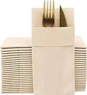 Beige Dinner Napkins Cloth Like with Built-in Flatware Pocket, Linen-Feel Absorbent Disposable Paper Hand Napkins for Kitchen, Bathroom, Parties, Weddings, Dinners or Events, 16x16 inches, Pack of 50
