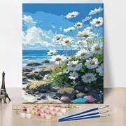 Rebotipy Beach Landscape Paint by Numbers, Daisy Flowers on The Beach Paint by Numbers Kit for Adults, Beach Rock DIY Canvas Oil Painting Paint by Number for Beginners Enthusiasts 16x20inch Frameless