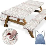 Picnic Table Cover with Bench Covers Elastic Edges, Boho Moroccan Fitted Table Cover, Outdoor Patio Camping Essentials 72 Inch 3PCS, Waterproof Camping Fitted Tablecloth with Drawstring Bag