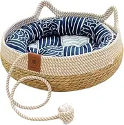 Cat Bed for Indoor Cat, Straw Cat Nest - Wicker Bed for Cat/Dog/Pet with Soft Cushion, Hanging Ball Toy, and Bamboo Mat - Handmade Cat House - Large Cat Basket Bed, Rattan Cat Bed (Blue)