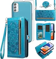 [Asuwish] Phone Case for Samsung Galaxy A14/M14 5G Zipper Wallet Magnetic Detachable Cell Cover with Tempered Glass Screen Protector Crossbody Strap Flower Card Holder Slot A 14 4G 14A 14M G5 Women Blue