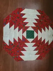 Unfinished Hexagon Quilt Block 12" Red Green Cream cotton Flying Geese look