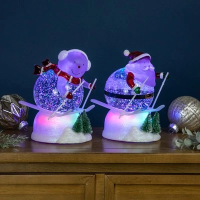 Northlight 2 Lighted Skiing Santa Snowman Glittered Christmas Snow Globes 7"