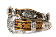 West Curve Belt Cowboy Silver Concho Rooster Brown Floral Pants Size 30 Gallo