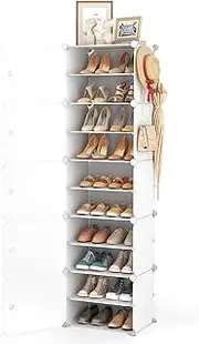 [LANTEFUL] 10 Tiers Tall Shoe Rack 20 Pair Shoe Organizer Narrow Shoe Rack with Door Portable Shoe Storage Cabinet with Hooks Sturdy Plastic White Shoe Shelf for Entryway and Bedroom