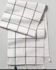 Hearth & Hand Magnolia Windowpane Plaid Table Runner White Teal Tassels 14x72"