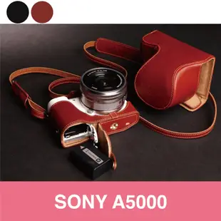 【台灣TP】A5000 A5100 SONY 新款開底式真皮相機皮套+背帶組 (不含電池包)