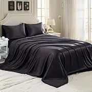 T Tersely 4 Piece Satin Bed Sheets Queen Size Black Satin Bed Sheet Set,Deep Pocket Silky Satin Sheet Set with 1 Fitted Sheet, 1 Flat Sheet and 2 Pillow Cases- Wrinkle, Fade, Stain Resistant (Black)