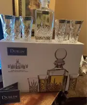 New In Box, Dublin 7 Pc Cut Crystal Decanter & Glasses Set By Godinger.