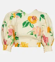 [Alemais] Alémais Puff-sleeve floral linen crop top UK 14 beige