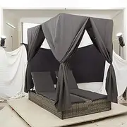 Double Sun Lounger with Roof and Curtains in Grey Poly Rattan,Outdoor Beds-42004118