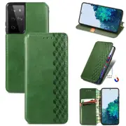 For Samsung Galaxy S21 Ultra Case, Cubic Grid Folio Magnetic PU Leather Cover Wallet, Kickstand, Green