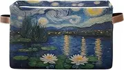Floral Water Lily Starry Night Storage Organizer Bin, Foldable Decorative Fabric Basket with Handle for Home/office