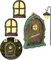 Jauay Miniature Fairy Garden Accessories Fairy Door and Windows for Trees, Glow in The Dark Yard Garden Sculpture Lawn Ornament Mini Garden Art Outdoor Decor Accessories with Lantern