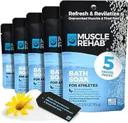 Muscle Rehab: (5) 2.5oz Travel Bath Epsom Soak Packets Arnica Infused Magnesium Salt, Body, Hand and Foot Pain Relief, Sore Feet Relief, Essential Oils in Epsom Salt Foot soak for Pain Relief